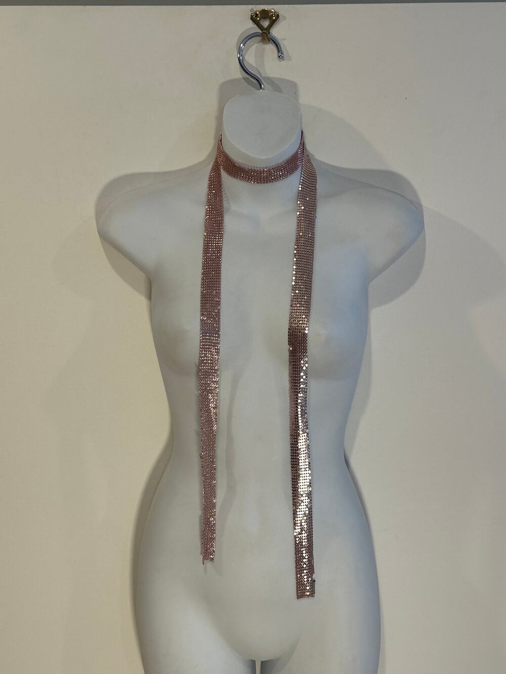Vintage Y2K Slinky Metallic Rose Gold Mesh Skinny Scarf Beaded Disco Choker 60"